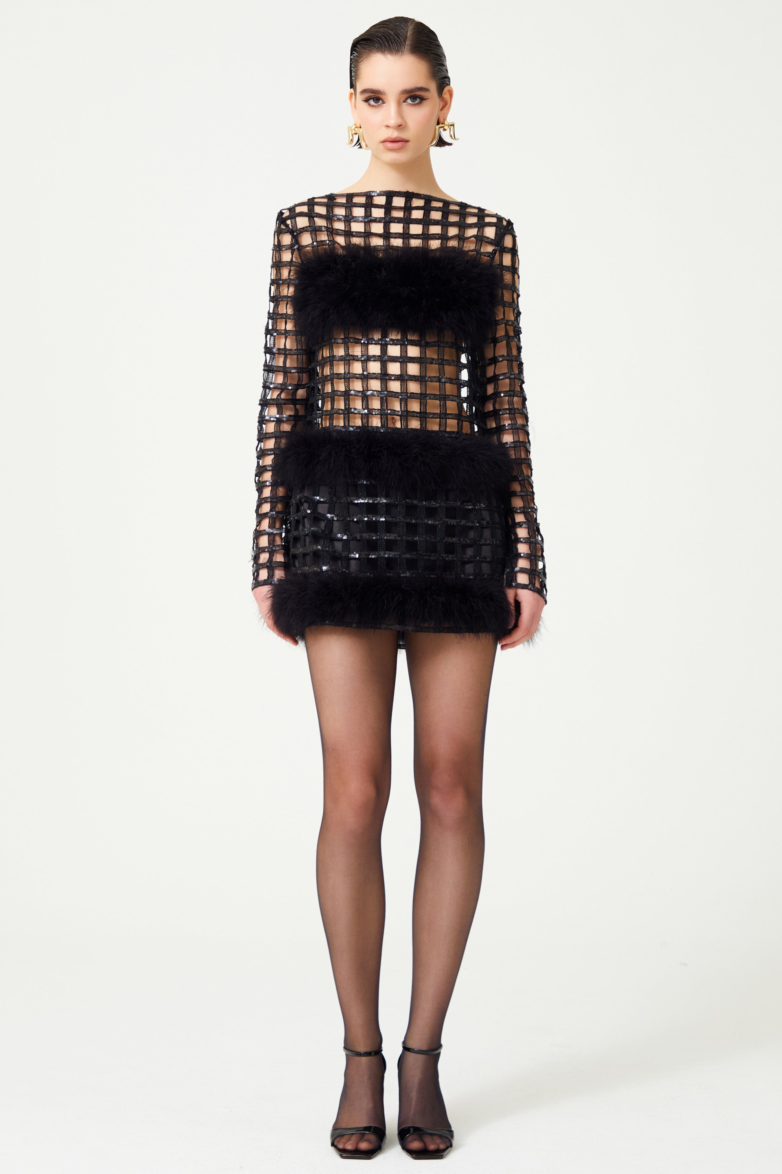 Chequered Black Pailetted Fur Mini Dress RAISA VANESSA INT Chequered Black Pailetted Fur Mini Dress RAISA VANESSA INT