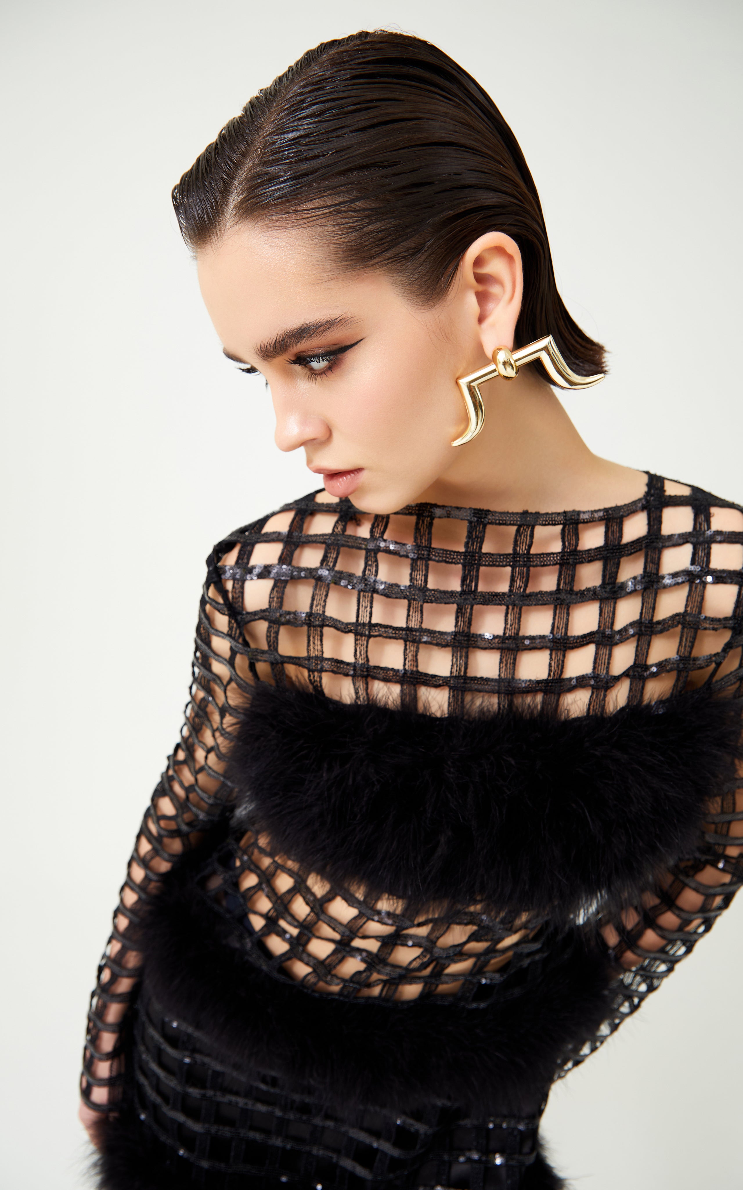 Chequered Black Pailetted Fur Mini Dress RAISA VANESSA INT Chequered Black Pailetted Fur Mini Dress RAISA VANESSA INT