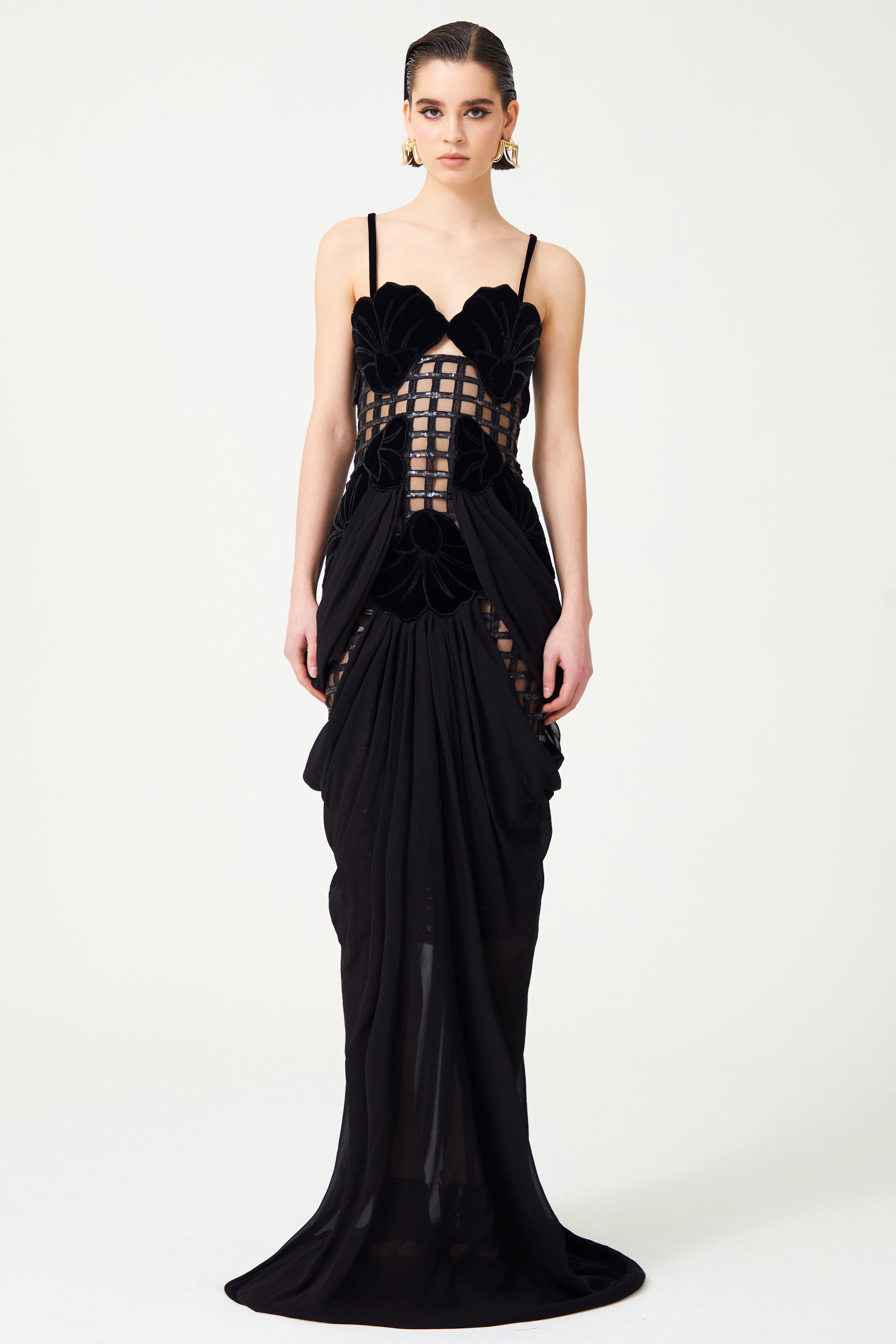 Laser Cut Black Corseted Maxi Dress With Flower Brouded Bra And Chiffo RAISA VANESSA INT Laser Cut Black Corseted Maxi Dress With Flower Brouded Bra And Chiffo RAISA VANESSA INT