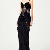 Laser Cut Black Corseted Maxi Dress With Flower Brouded Bra And Chiffon Skirt