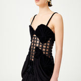 Laser Cut Black Corseted Maxi Dress With Flower Brouded Bra And Chiffon Skirt