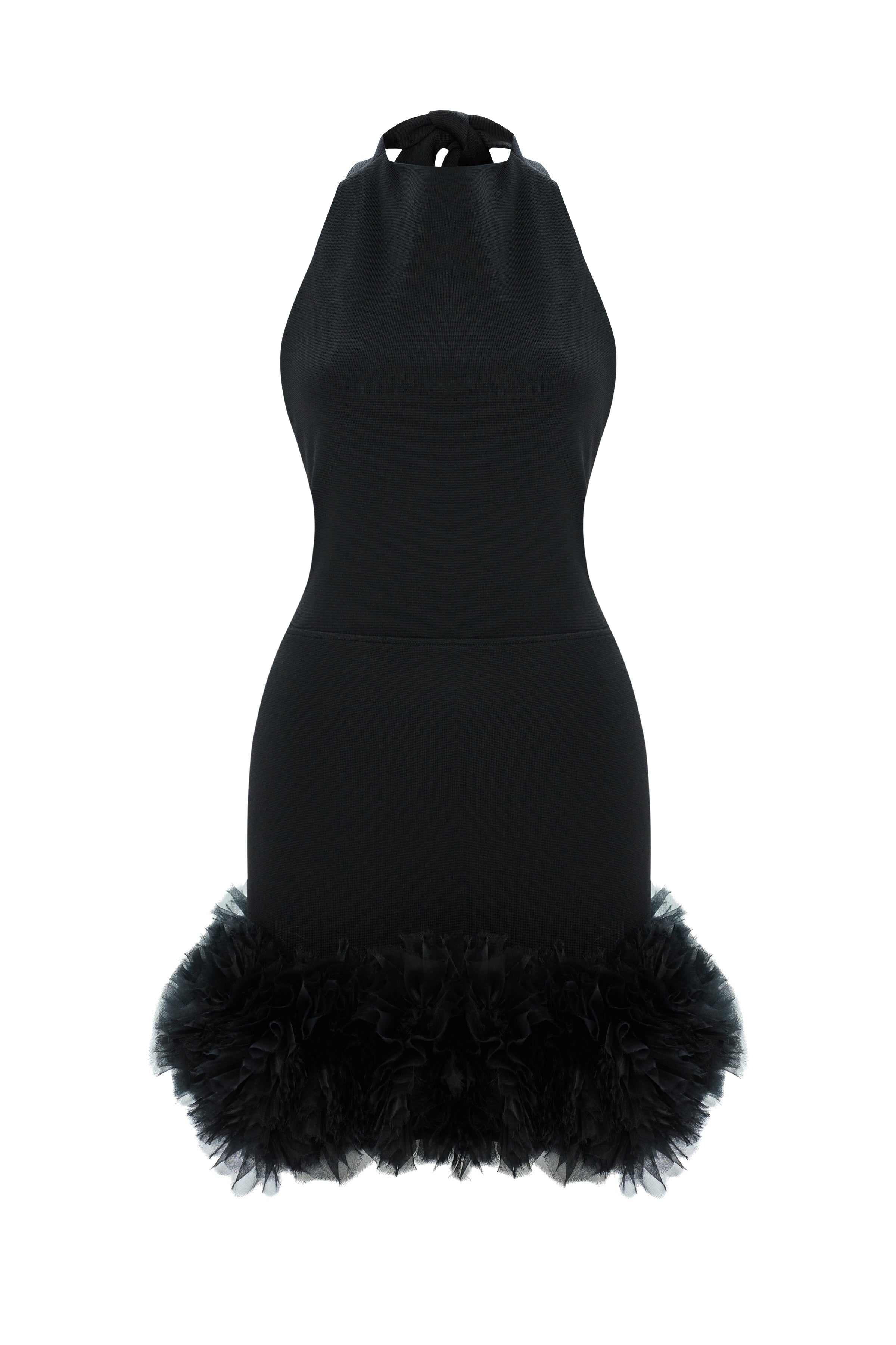 Black Halter Neck Knit Organza Mini Dress With Puffy Flower Finishing RAISA VANESSA INT Black Halter Neck Knit Organza Mini Dress With Puffy Flower Finishing RAISA VANESSA INT