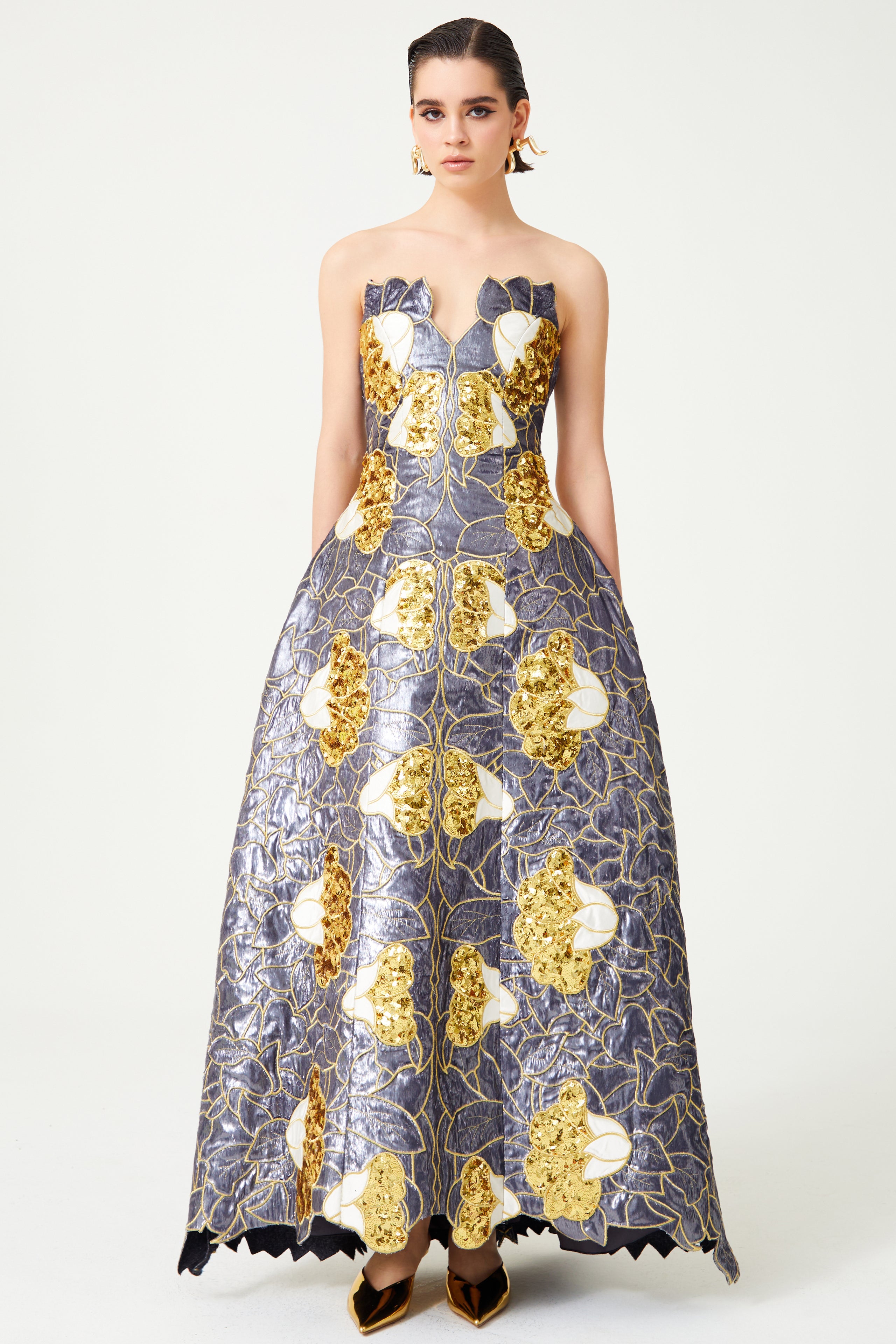 Gold Sequin White Satin Silvery Flower Embroidered Structural Gown RAISA VANESSA INT Gold Sequin White Satin Silvery Flower Embroidered Structural Gown RAISA VANESSA INT