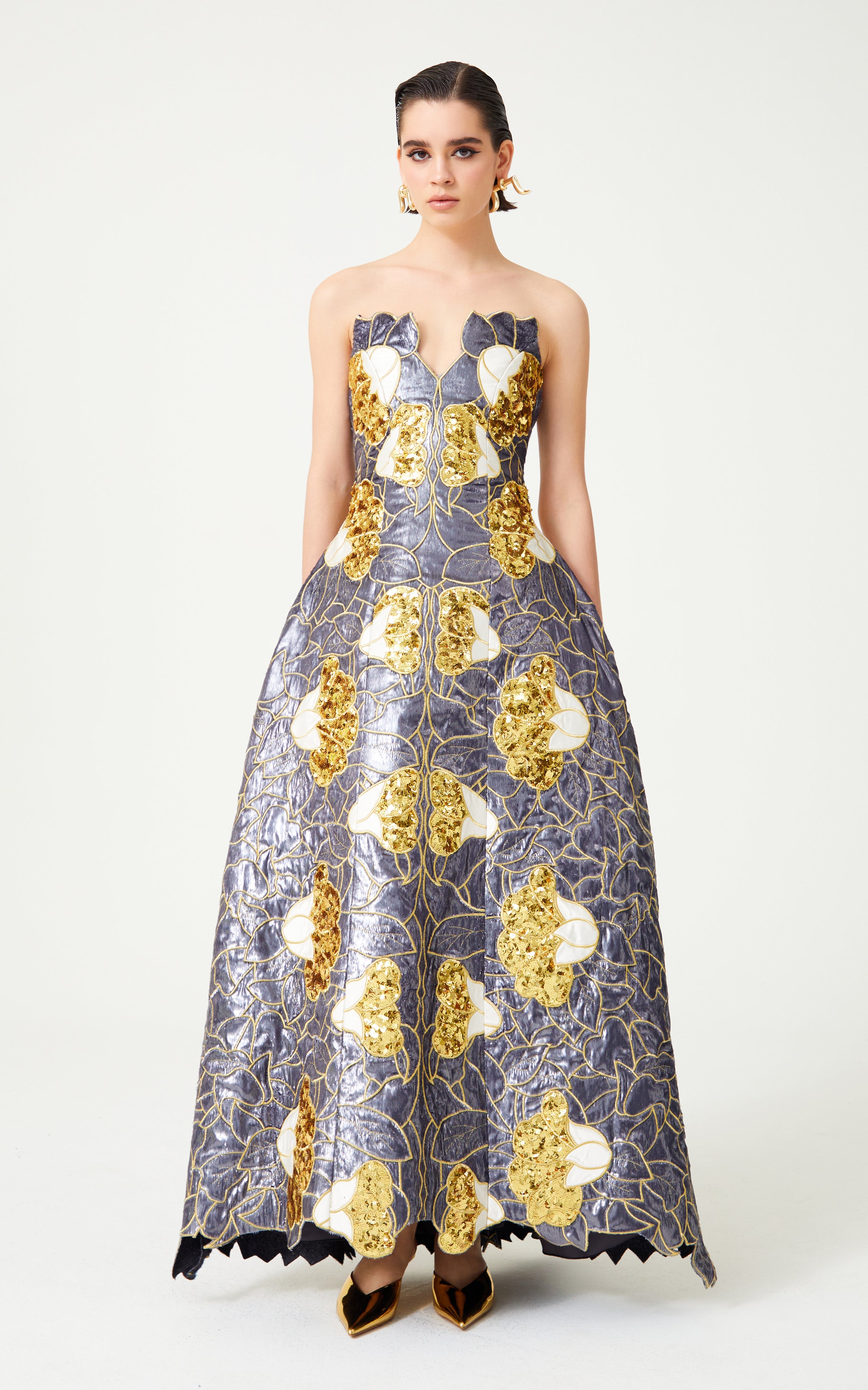 Gold Sequin White Satin Silvery Flower Embroidered Structural Gown RAISA VANESSA INT Gold Sequin White Satin Silvery Flower Embroidered Structural Gown RAISA VANESSA INT