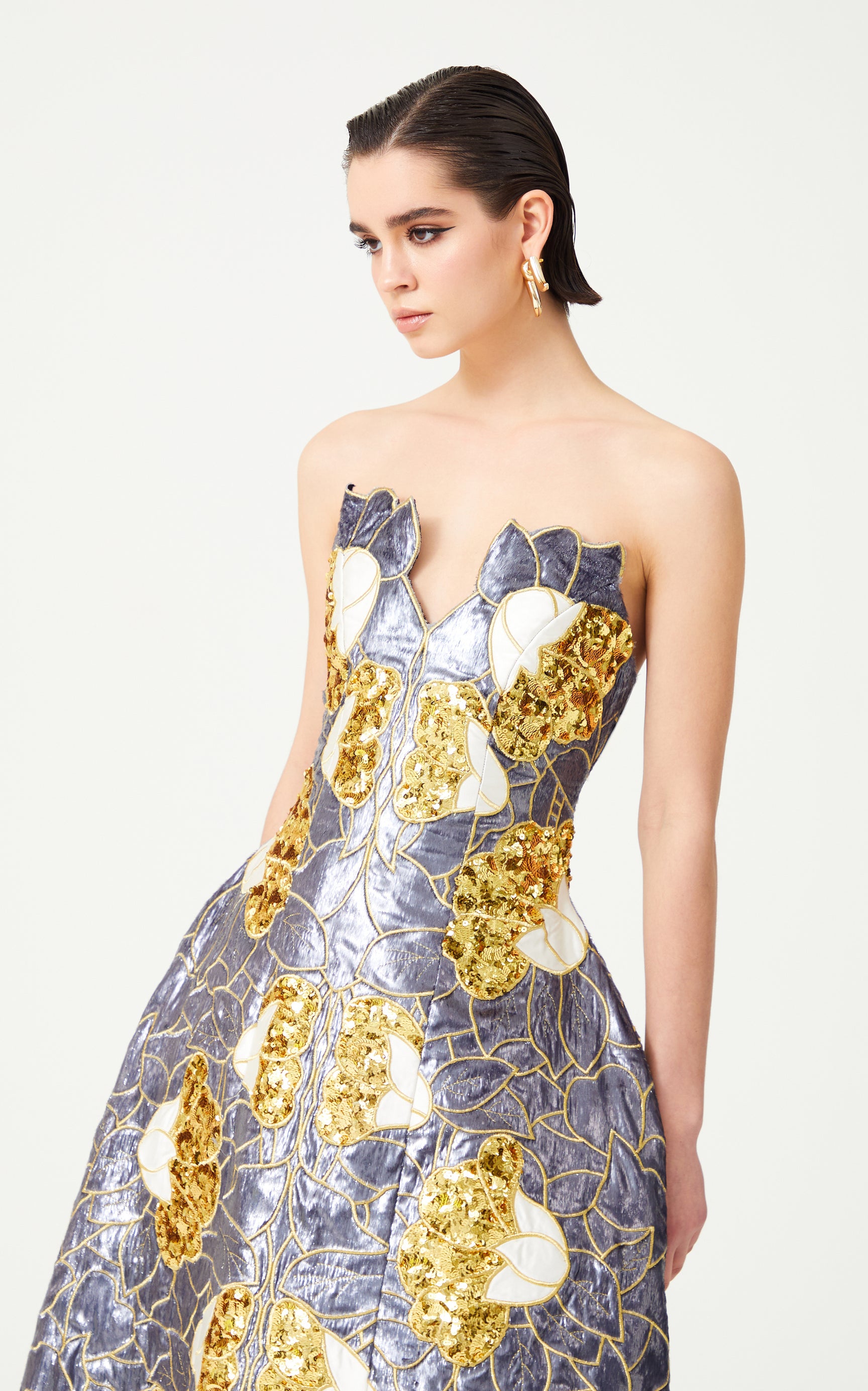 Gold Sequin White Satin Silvery Flower Embroidered Structural Gown
