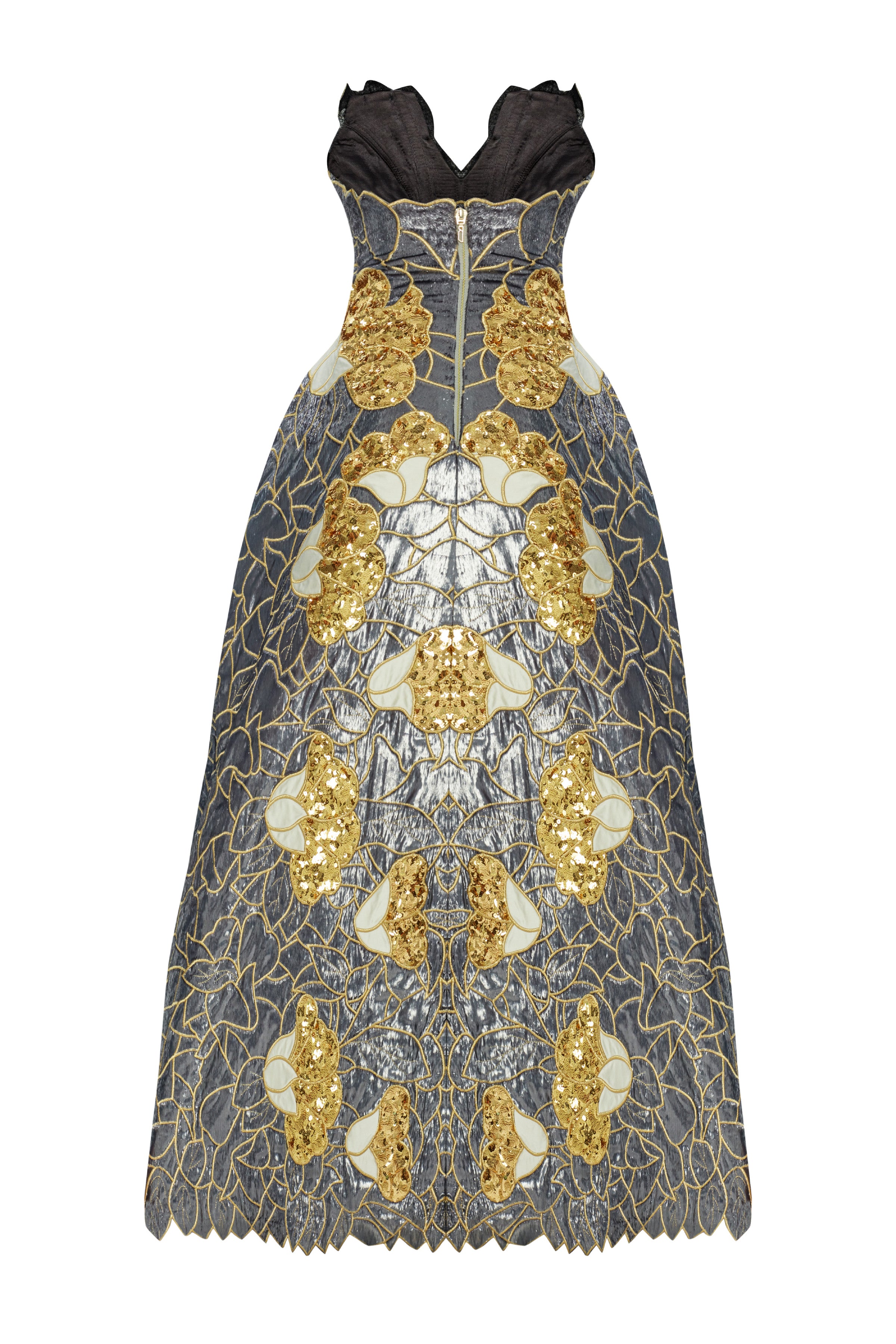 Gold Sequin White Satin Silvery Flower Embroidered Structural Gown – RAISA VANESSA INT