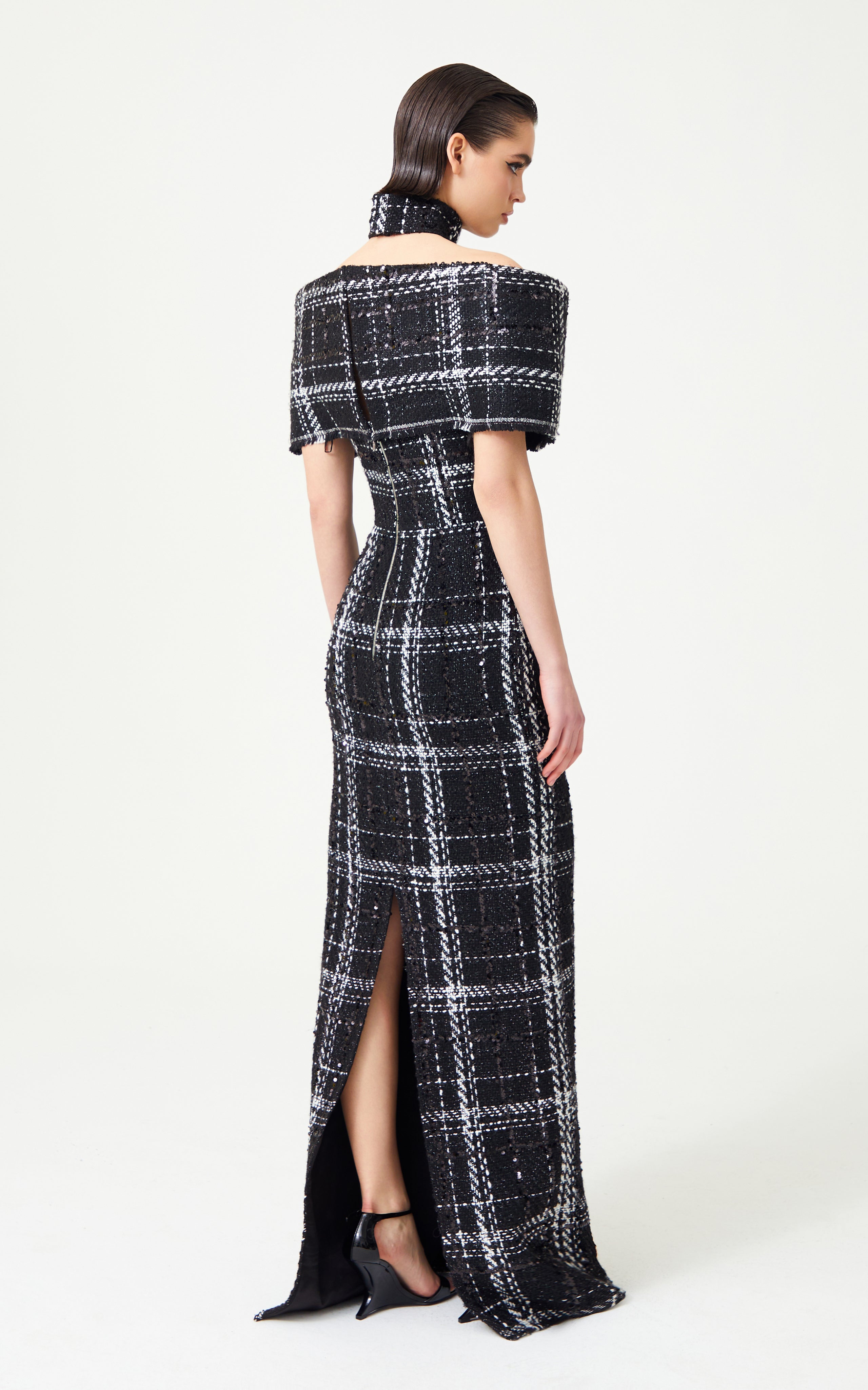 Black & White Plaid Sequin Embellished Tweed Royal Neckline Maxi