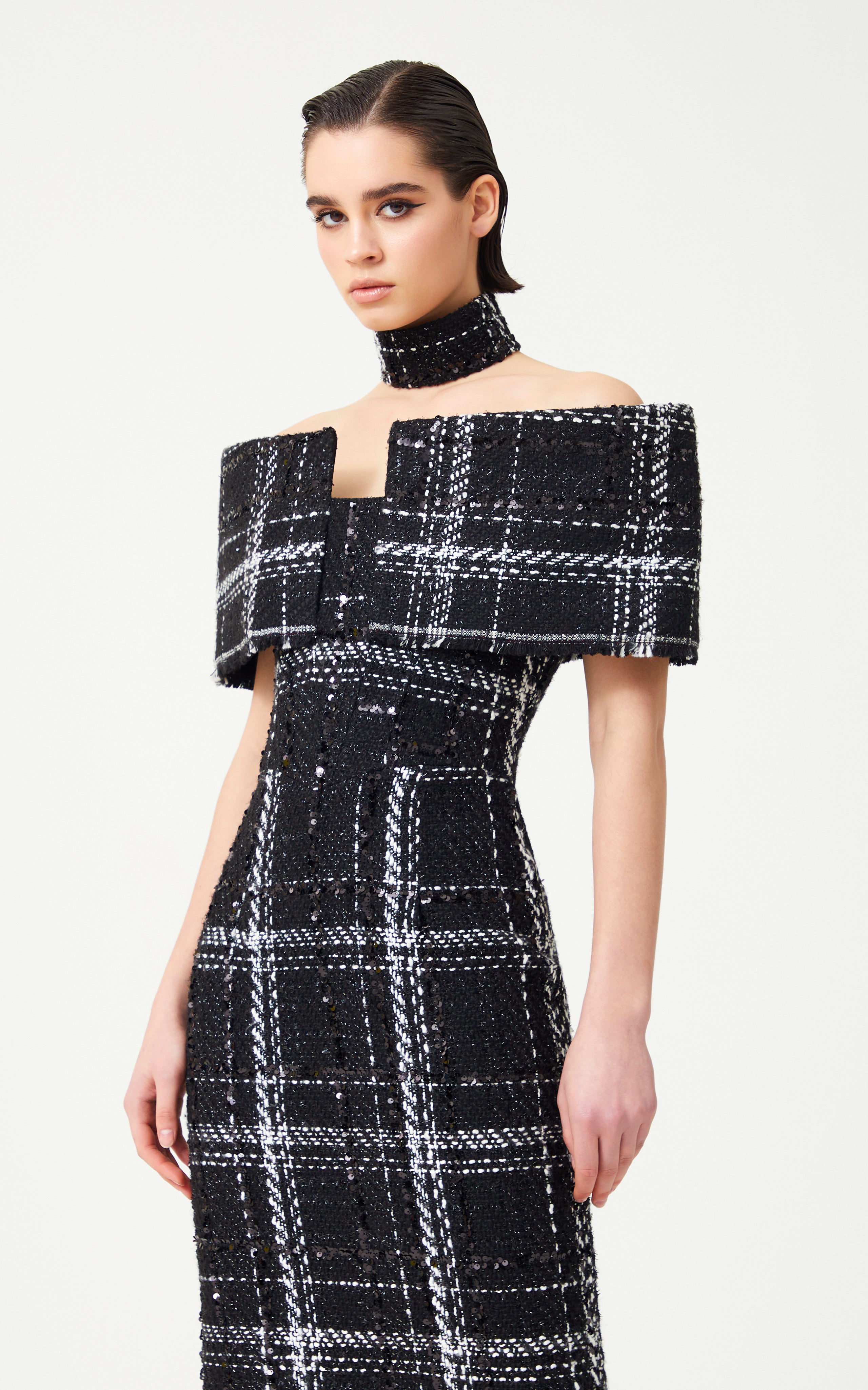 Black & White Plaid Sequin Embellished Tweed Royal Neckline Maxi