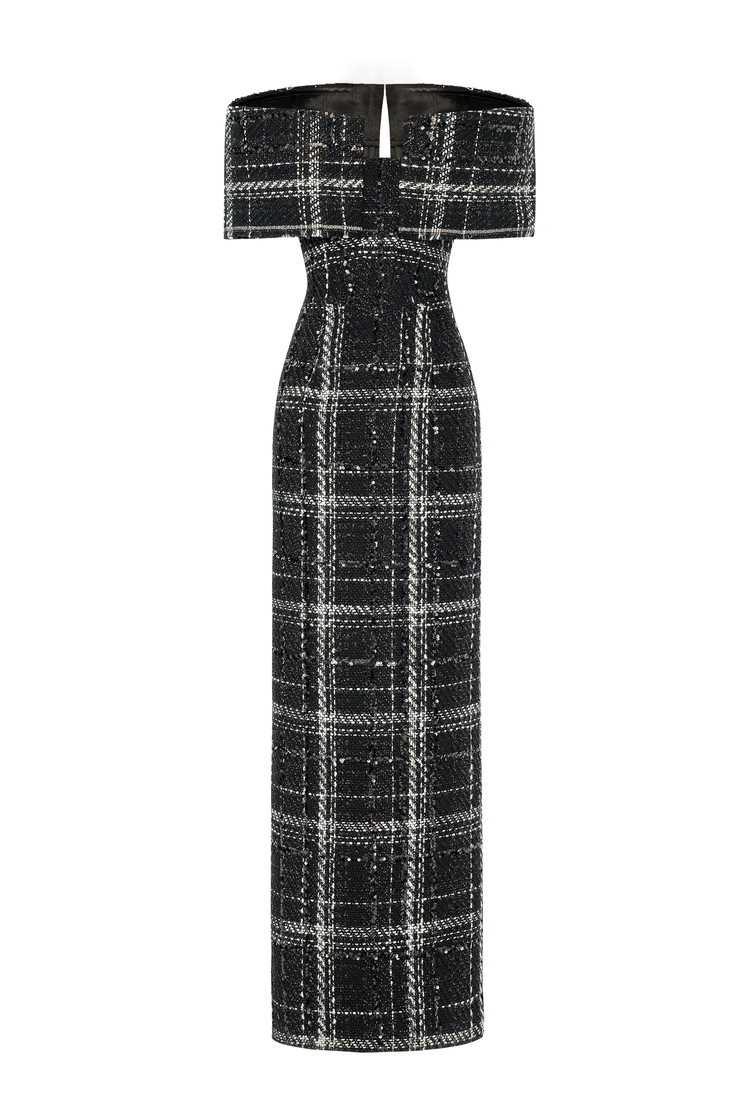 Black & White Plaid Sequin Embellished Tweed Royal Neckline Maxi