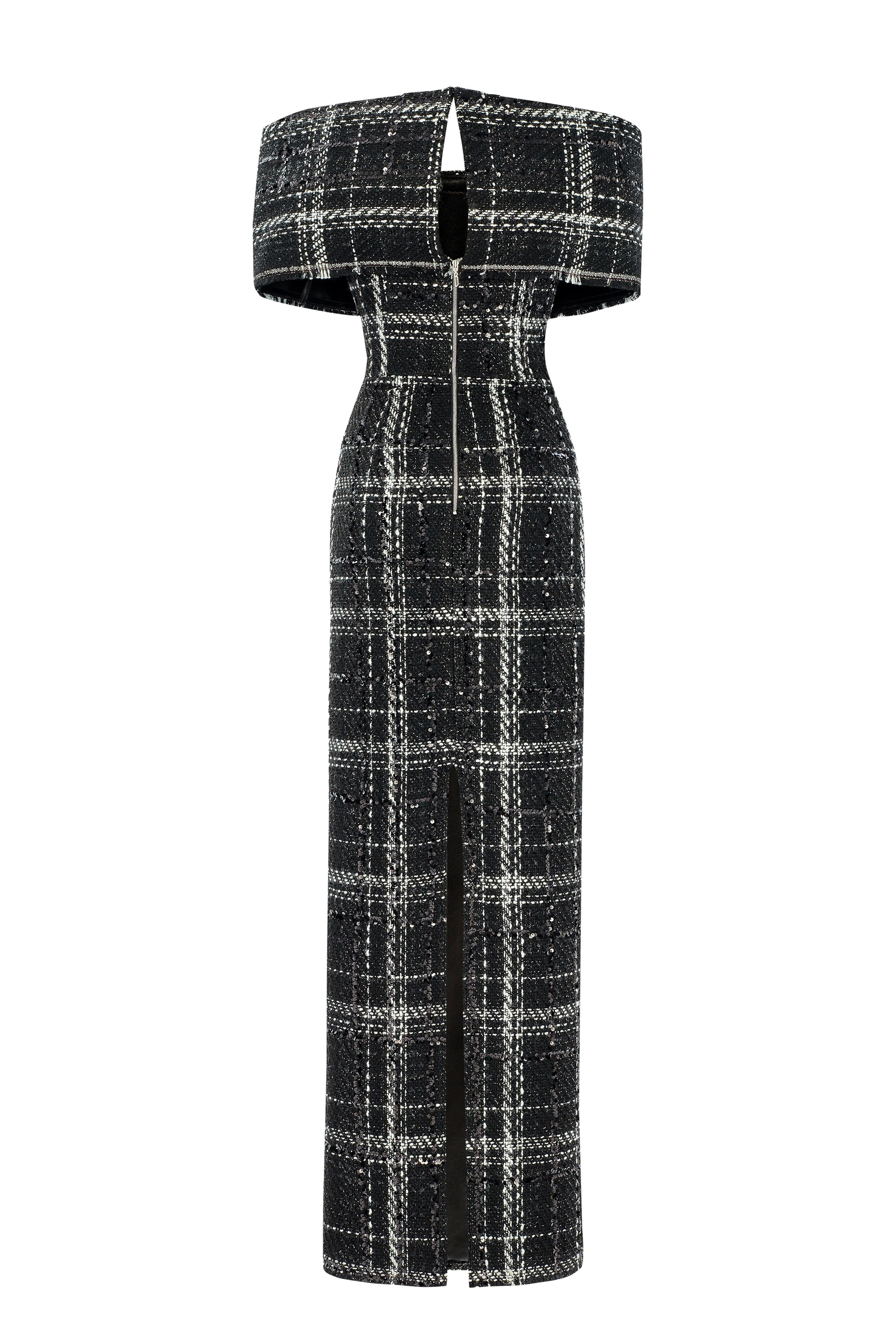 Black & White Plaid Sequin Embellished Tweed Royal Neckline Maxi Dress – RAISA VANESSA INT Black & White Plaid Sequin Embellished Tweed Royal Neckline Maxi Dress – RAISA VANESSA INT