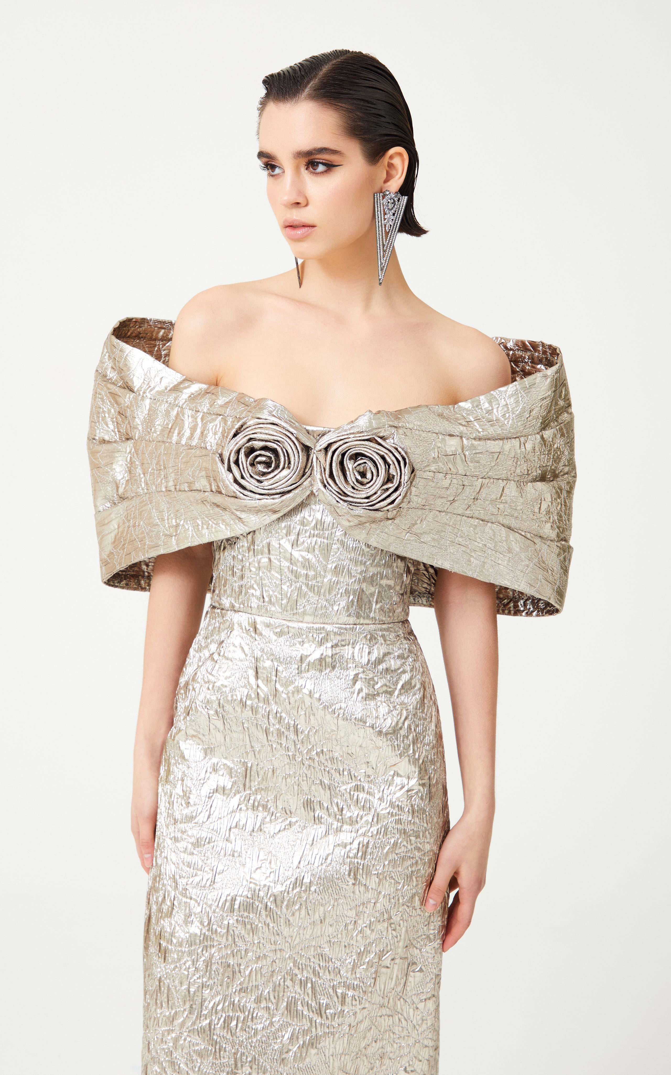 silver jacquard dress Elliatt Blossom - Silver Jacquard Dress - High-Low Maxi Dress