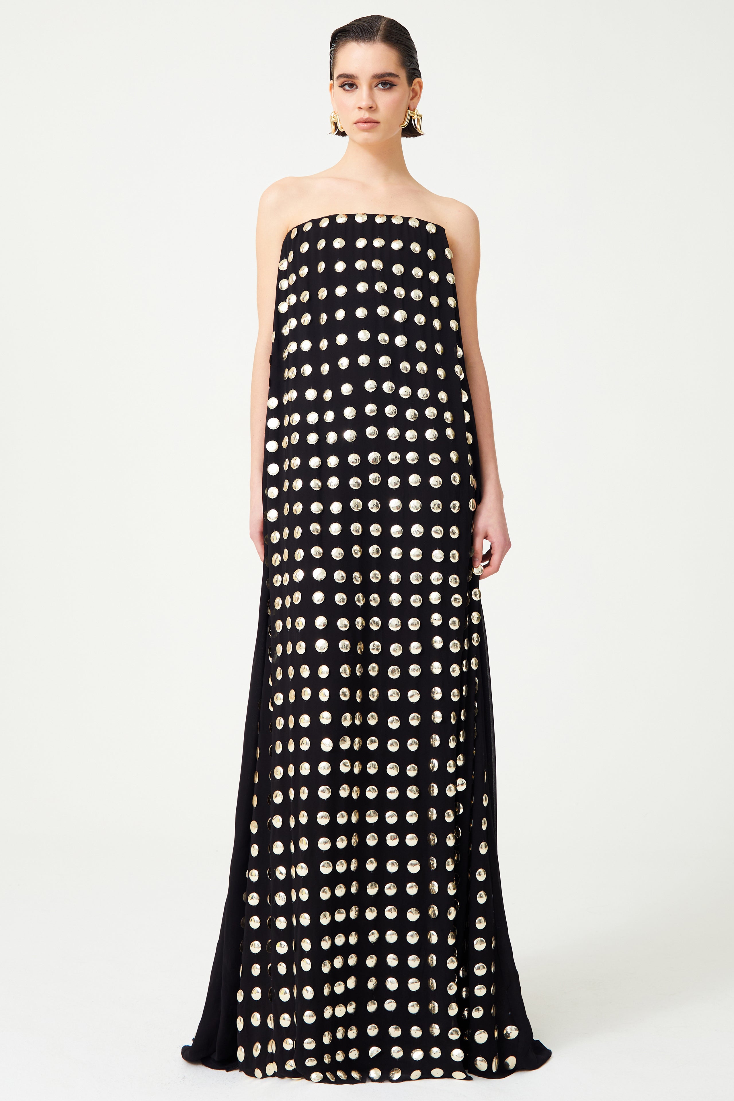 Black Handmade Gold Polka Dot Detailed Silk Chiffon Maxi Dress with Cr RAISA VANESSA INT Black Handmade Gold Polka Dot Detailed Silk Chiffon Maxi Dress with Cr RAISA VANESSA INT