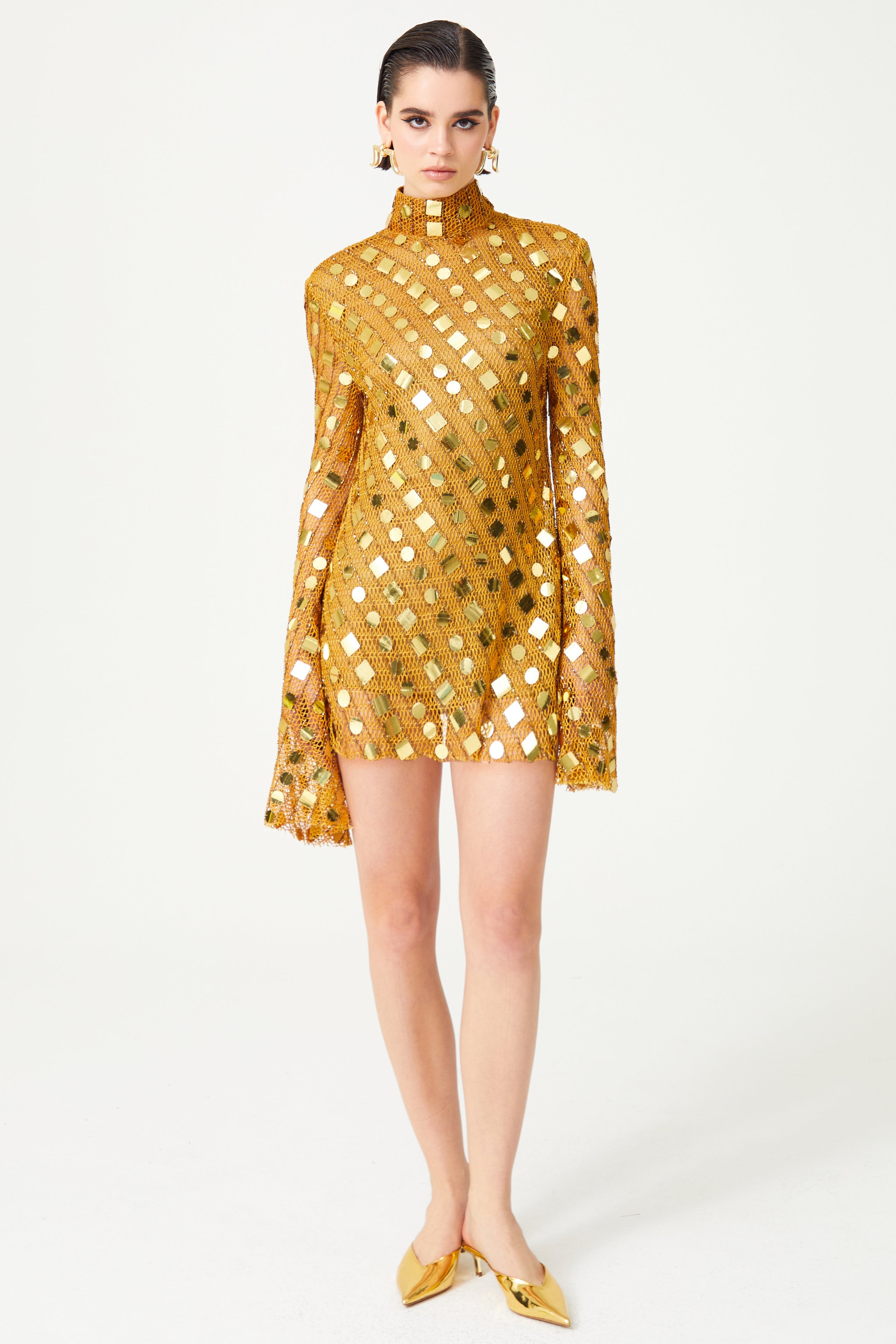 Gold Handmade Knitted Sequin Embroidered High Neck Mini Dress With Fla RAISA VANESSA INT Gold Handmade Knitted Sequin Embroidered High Neck Mini Dress With Fla RAISA VANESSA INT