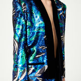 Flower Patterned Sequin Woven Lycra Jacket With Velvet Collar