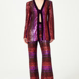 Multi Color V-Neck Pailletted Jacket With Velvet Collar