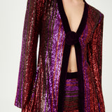 Multi Color V-Neck Pailletted Jacket With Velvet Collar