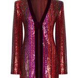 Multi Color V-Neck Pailletted Jacket With Velvet Collar