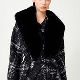 Black & White Plaid Sequin Embellished Tweed Coat With Removable Fur Collar