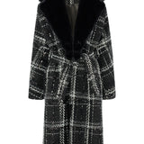 Black & White Plaid Sequin Embellished Tweed Coat With Removable Fur Collar