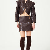 Fully Embroidered Brown Mini Leather Skirt