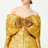 Gold Jacquard Fully Boned Sculptural Jacket With Flower Detail