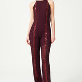 Burgundy Knit Halter Neck Jumpsuit With Sequined Stripes