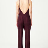 Burgundy Knit Halter Neck Jumpsuit With Sequined Stripes