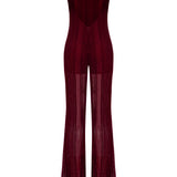 Burgundy Knit Halter Neck Jumpsuit With Sequined Stripes