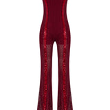 Burgundy Knit Halter Neck Jumpsuit With Sequined Stripes