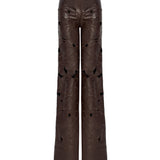 Fully Embroidered Brown Leather Wide Leg Pants