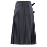 Dark Grey Wool Midi Skirt With Metallic Piercing Detailed Belt