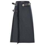 Dark Grey Wool Midi Skirt With Metallic Piercing Detailed Belt