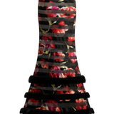 Red Flower Printed Stretchy Black Maxi Skirt With Feather Finishing