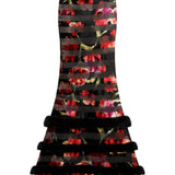 Red Flower Printed Stretchy Black Maxi Skirt With Feather Finishing