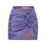 Lilac Fully Sequined Draped Mini Skirt With Flower Detail