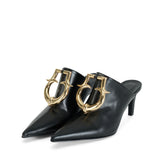 Black Leather Clog With Gold Art-Deco Buckle Detail