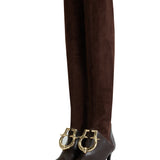 Brown Suede Sock Boots With Gold Buckle Detail