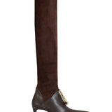 Brown Suede Sock Boots With Gold Buckle Detail