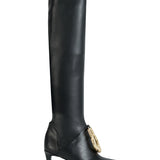 Black Leather Sock Boots With Gold Buckle Detail