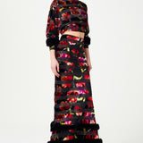 Red Flower Printed Stretchy Black Maxi Skirt With Feather Finishing