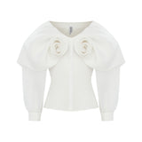 White Flower Detailed Royal Neckline Silk Organza Shirt