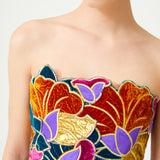 Multi Color Flower Brouded Gold Embroidered Jaquard And Silk Velvet Strapless Crop Top