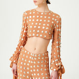 Beige Handmade Gold Polka Dot Detailed Silk Chiffon Crop Top With Long Sleeves