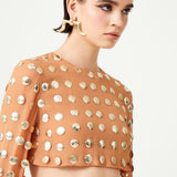 Beige Handmade Gold Polka Dot Detailed Silk Chiffon Crop Top With Long Sleeves