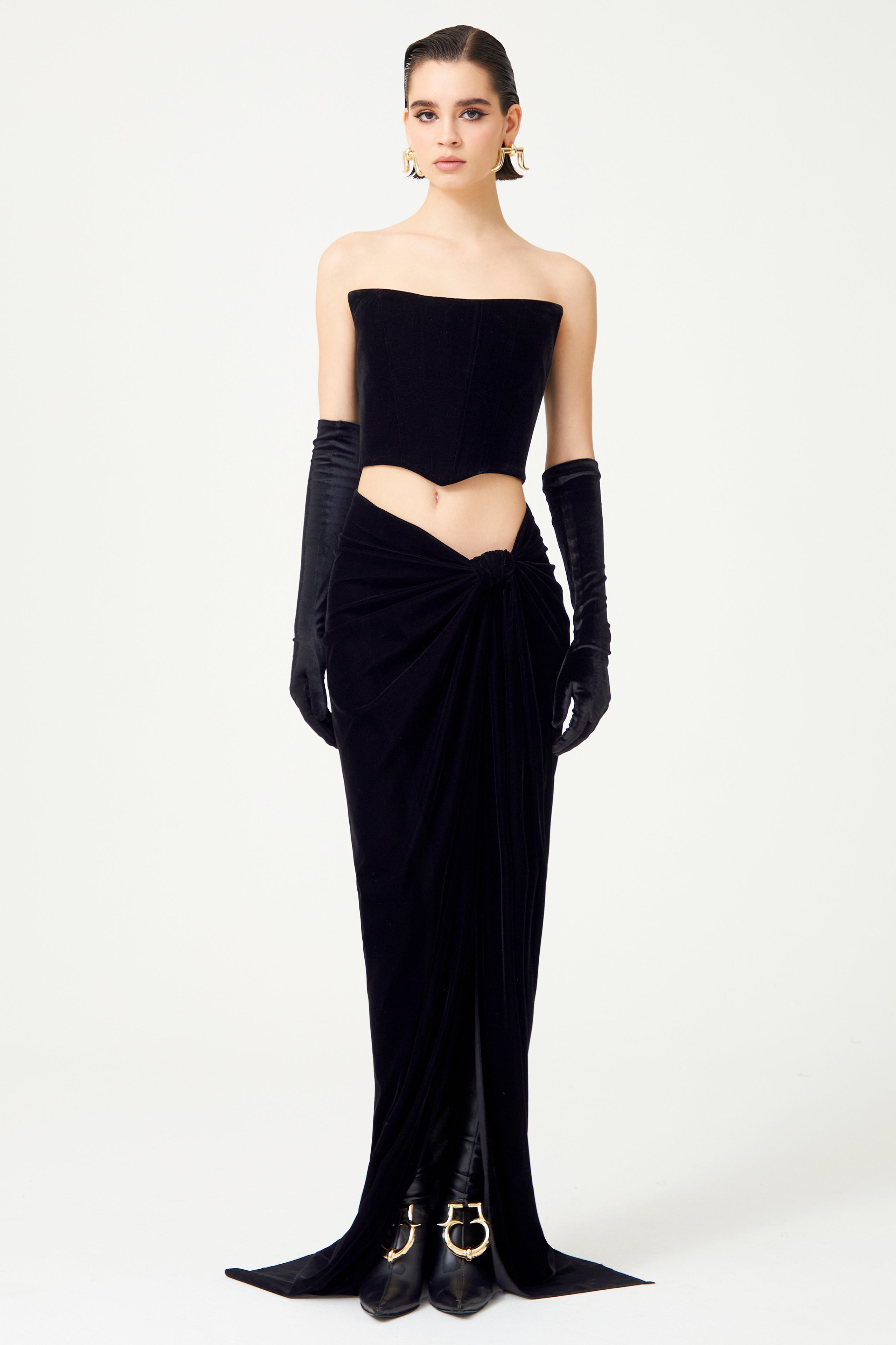 black velvet strapless corset maxi dress Strapless Corset Bodice Velvet Column Maxi Dress