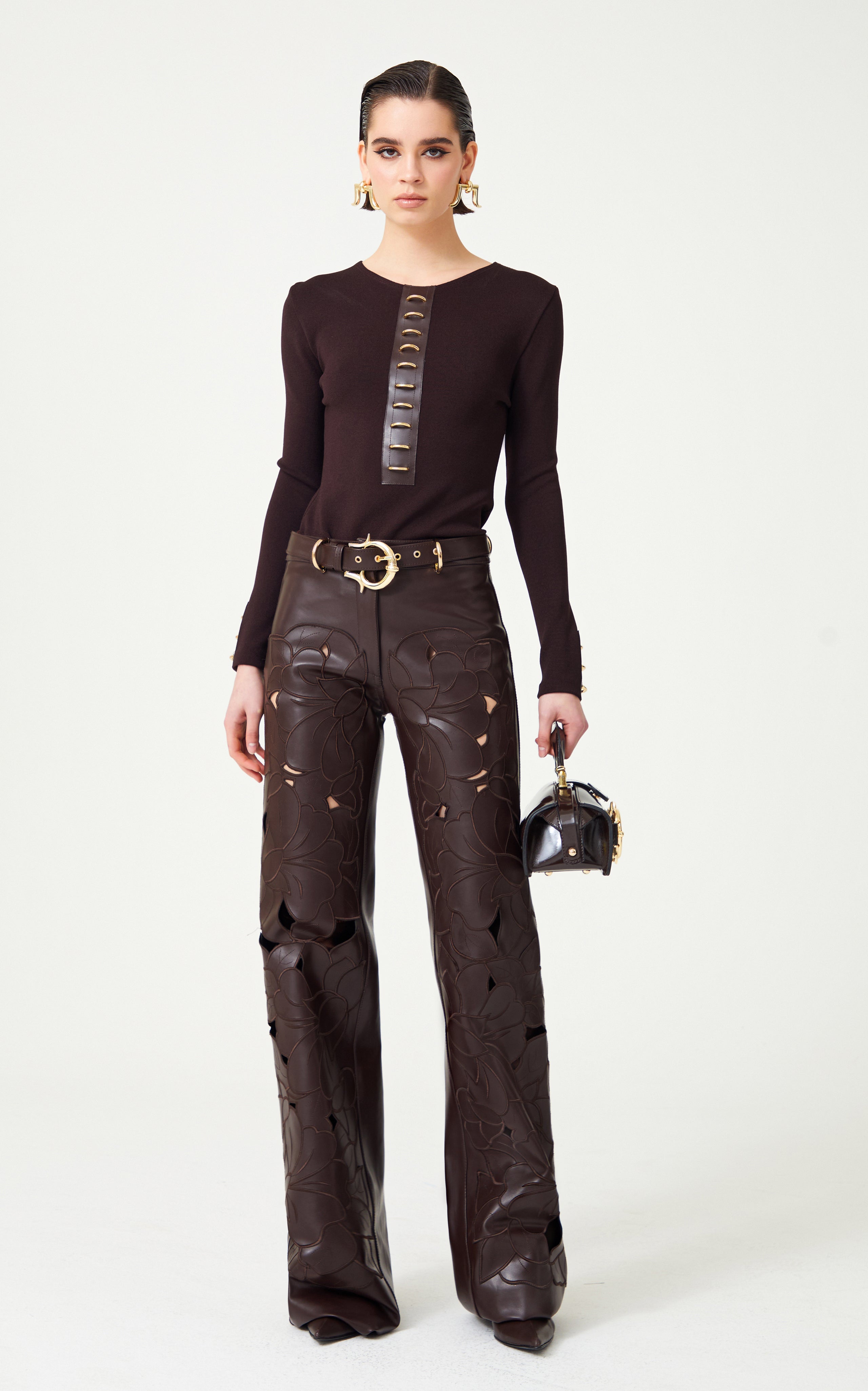 Fully Embroidered Brown Leather Wide Leg Pants – RAISA VANESSA INT
