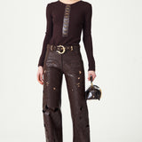 Fully Embroidered Brown Leather Wide Leg Pants