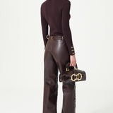 Fully Embroidered Brown Leather Wide Leg Pants