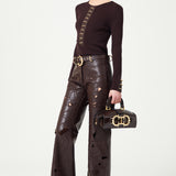 Fully Embroidered Brown Leather Wide Leg Pants