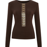 Brown Knit Top With Gold Accessories